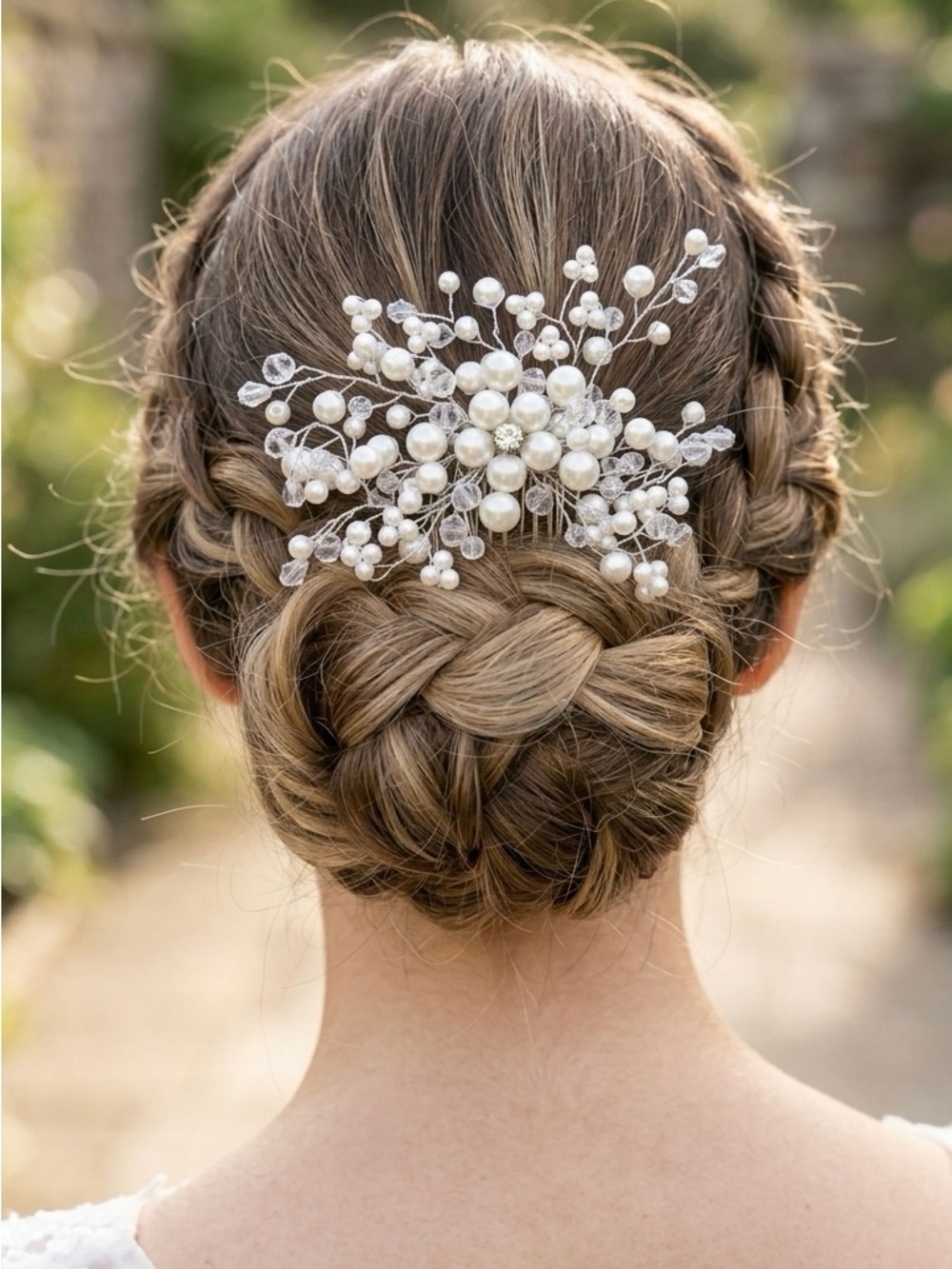 Pearl Cluster Bridal Hair Comb - White stretchy wedding crystal